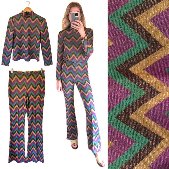 imperial Pants - 70’s Inspired Disco Metallic Multicolour Zig Zag Flare One Piece Jumpsuit Set